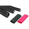 Flexible corrugated tubing and heat-shrink tubing in black and red colors.