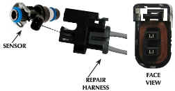 Exploded view of an automotive sensor with a repair harness and a face view label.