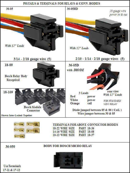 Assortment of wiring pigtails and terminals for bosch relay connectors, highlighting various wire gauges, terminal types, and connector configurations.
