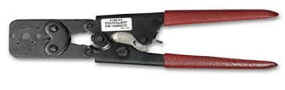 Crimping tool with red handles.