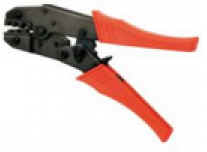 Wire crimping tool with red handles.