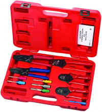 Red tool case containing various handheld tools including screwdrivers and pliers.