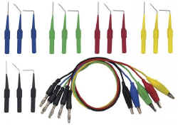 A set of color-coded test probes and jumper wires for electronic testing and circuit connections.