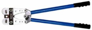 A pair of bolt cutters with blue handles.
