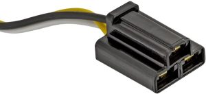 A sata power connector with a black housing and yellow-black cable.
