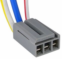 Four-wire electrical connector with red, white, blue, and yellow wires attached.
