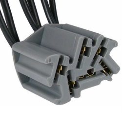 Multi-pin electrical connector with cables attached.