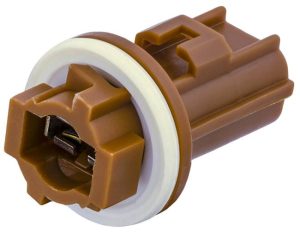 Plastic electrical connector with a rubber seal.