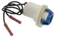 Plastic float switch with electrical leads.
