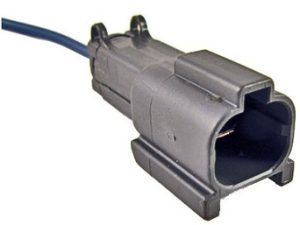 Two-pin electrical connector with attached cable.