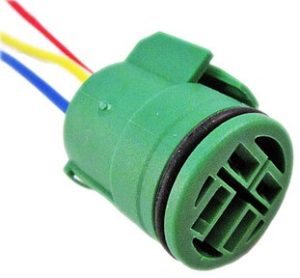 Green 3-pin electrical connector with attached colored wires.