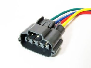 Five-pin electrical connector with multicolored wires.
