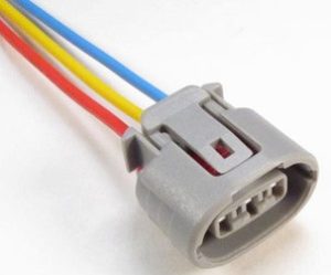 Three-wire electrical connector with red, yellow, and blue cables.