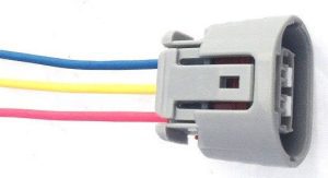 Three-conductor electrical connector with color-coded wires.