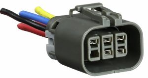 Five-pin electrical connector with attached color-coded wires.