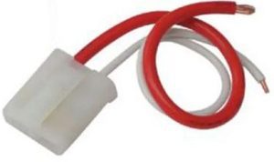 A red and white cord with a light bulb on it