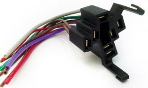 A car stereo wiring harness with an electrical plug.