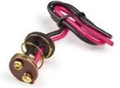 A red and black cord with two brass locks.