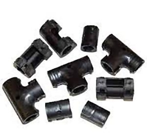 A group of black plastic pipes and fittings.