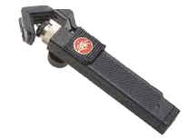 Black wristwatch with a red logo on the strap.