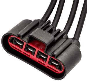 A black and red connector is connected to four wires.