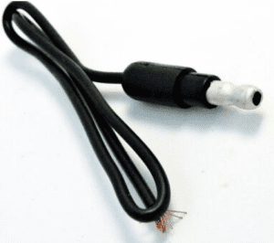 A black cord with a white tip and a black plug.