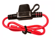 A red and black cable with a clip attached to it.
