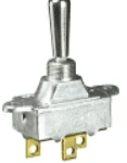 A metal toggle switch with yellow and black handles.