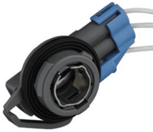 A blue and black connector is connected to wires.