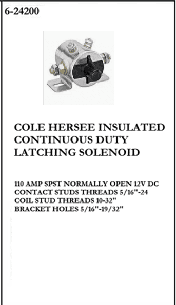 A flyer for cole hersee insulated continuous duty latching solenoid.
