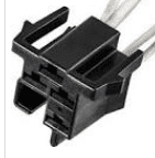 A black wire connector with two wires attached to it.