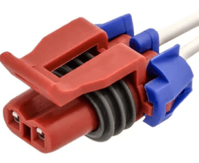 A red and blue connector is connected to the wire.