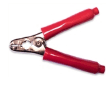 A red wire stripper is shown with its handle open.